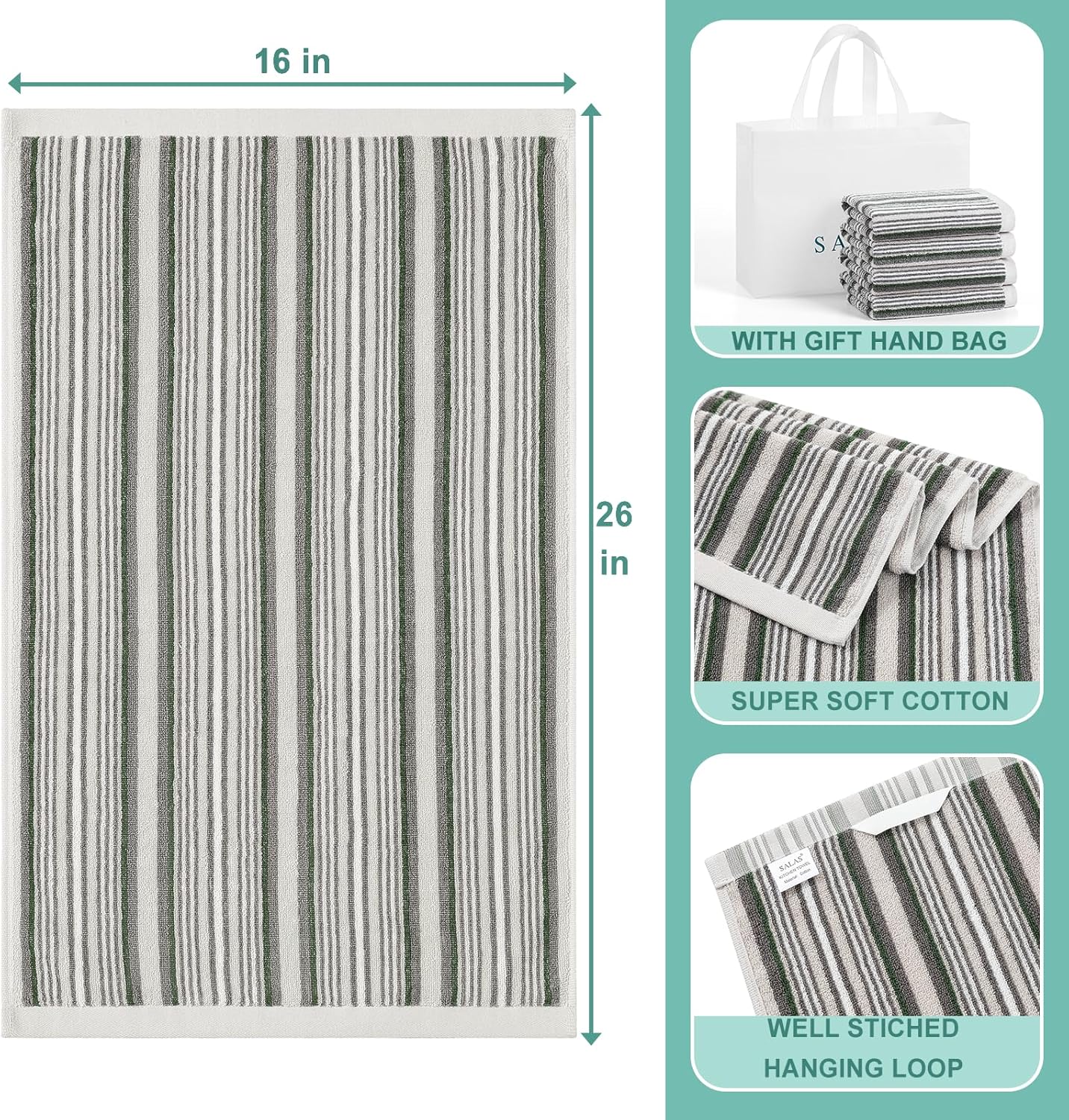 SALAS Premium Cotton Kitchen Dish Towels for Drying Dishes,Large Long Kitchen Hand Towels, Thick Highly Absorbent Dish Clothes Tea Towel Sets with Hanging Loop, 16" X 26", 4 Pcs, Gray - Image 2