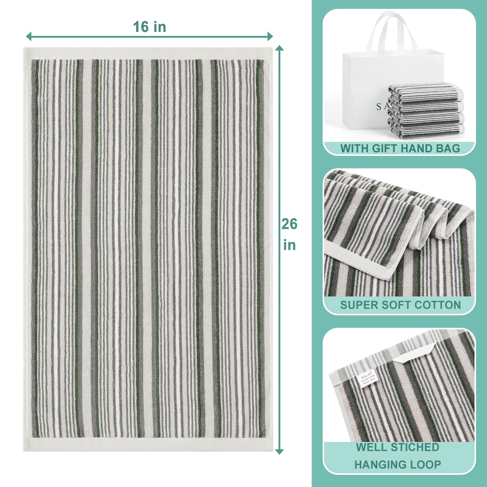 SALAS Premium Cotton Kitchen Dish Towels for Drying Dishes,Large Long Kitchen Hand Towels, Thick Highly Absorbent Dish Clothes Tea Towel Sets with Hanging Loop, 16" X 26", 4 Pcs, Gray