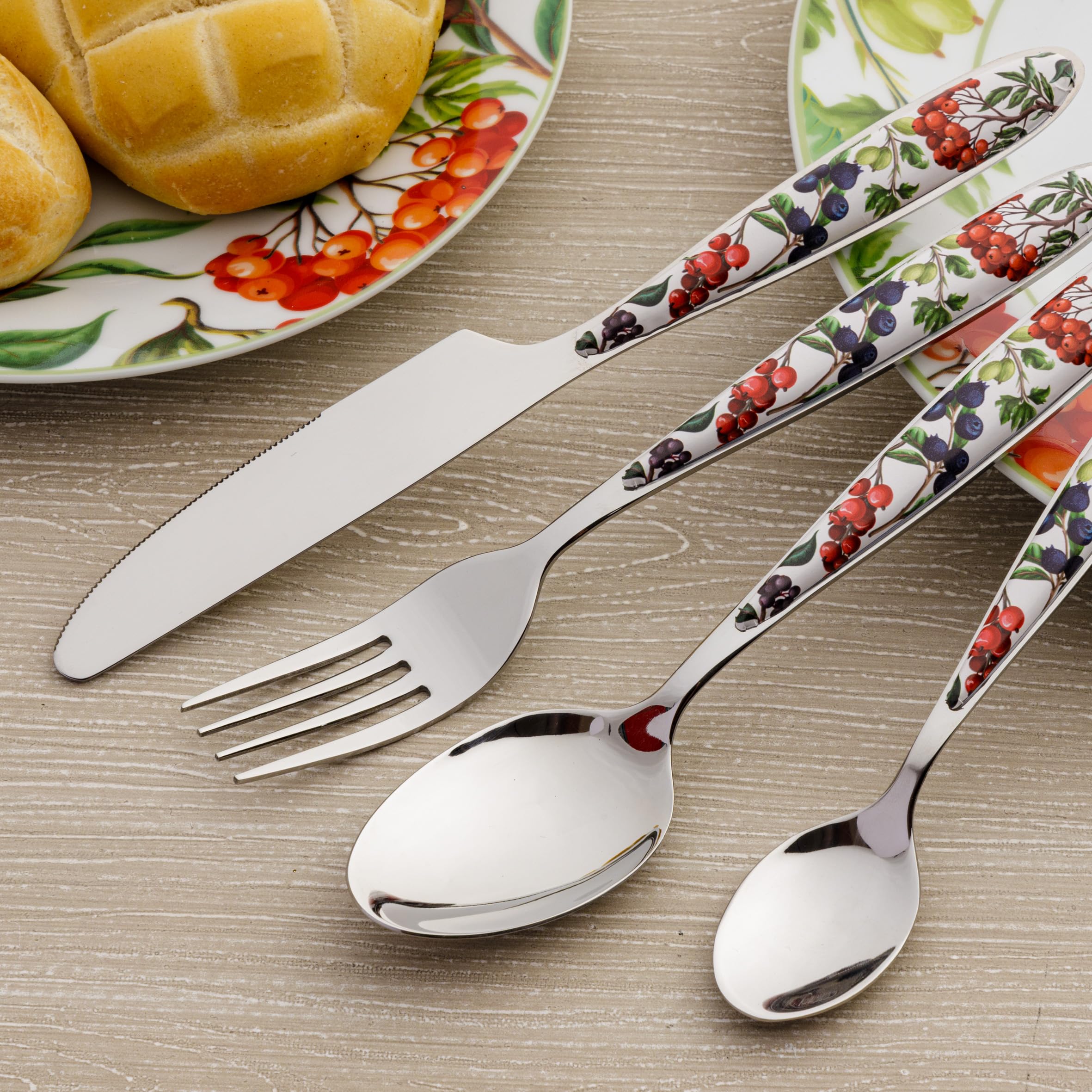 Baroni Home Set 24 pz Posate da Tavola in Acciaio Inox, Posate con Manico in Resina Fantasia Bacche per 6 Persone, Lavabili in Lavastoviglie, Forchetta, Coltello, Cucchiaio, Cucchiaino da The o Dolce