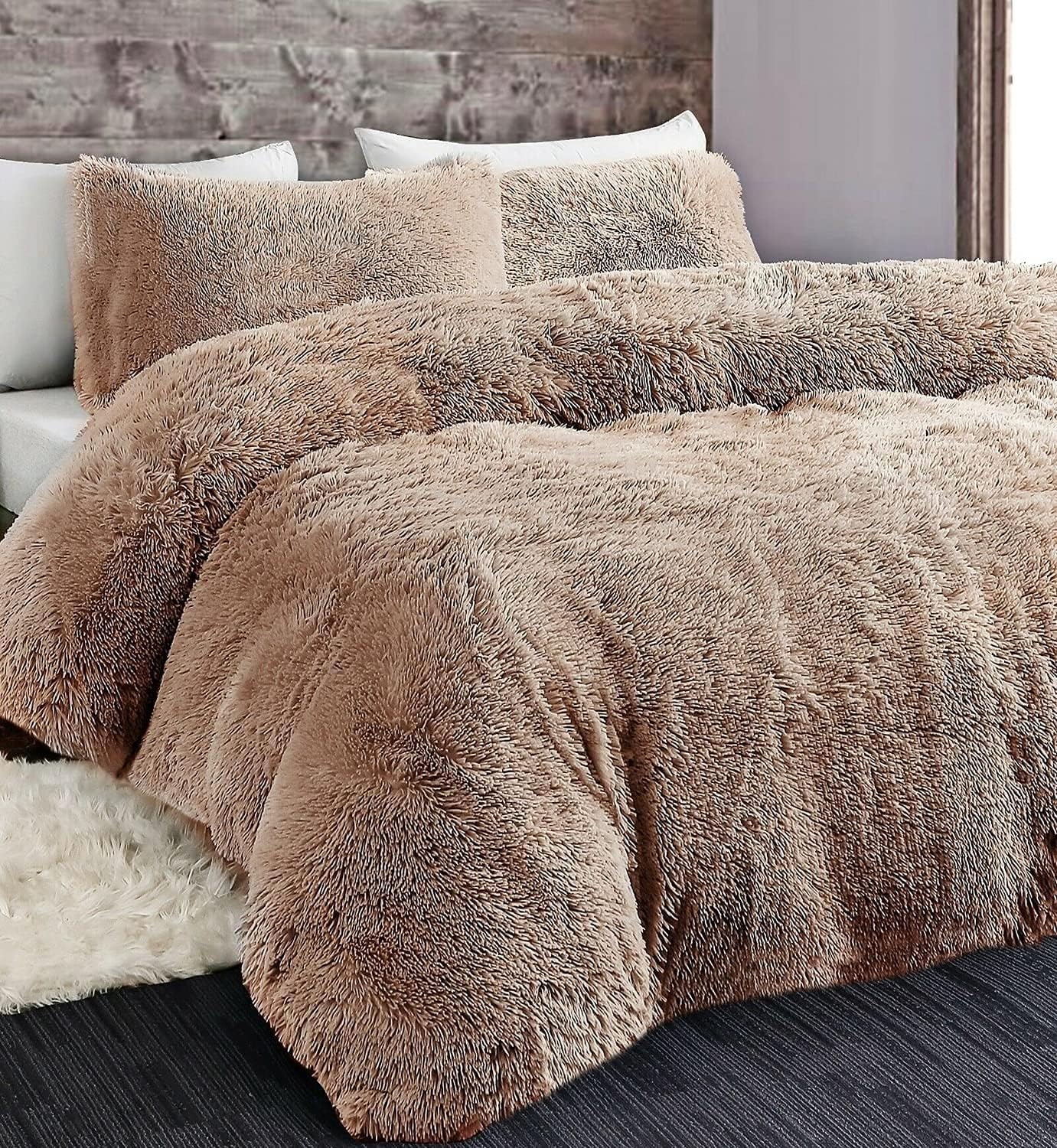 LS HOME Laura Secret Long Fluffy Teddy Duvet Cover Sets,Pillow Case Hug And Snug Fleece Faux Fur Easy Quilt Bedding (Mink, Double)