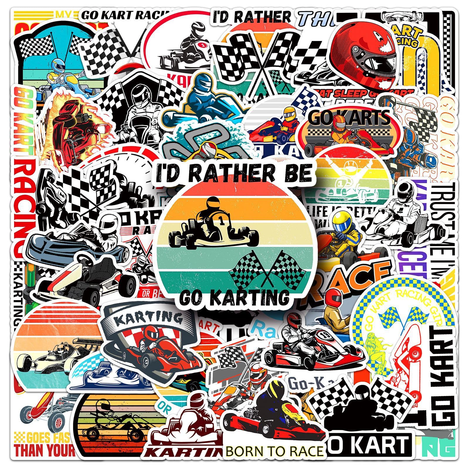 50 Stück Karting Aufkleber Pack Der Kart Sticker Set wasserdichte Vinyl Sticker für Laptop Kinder Autos Motorrad Fahrrad Skateboard Gepäck Koffer Computer Aufkleber Graffiti Decal