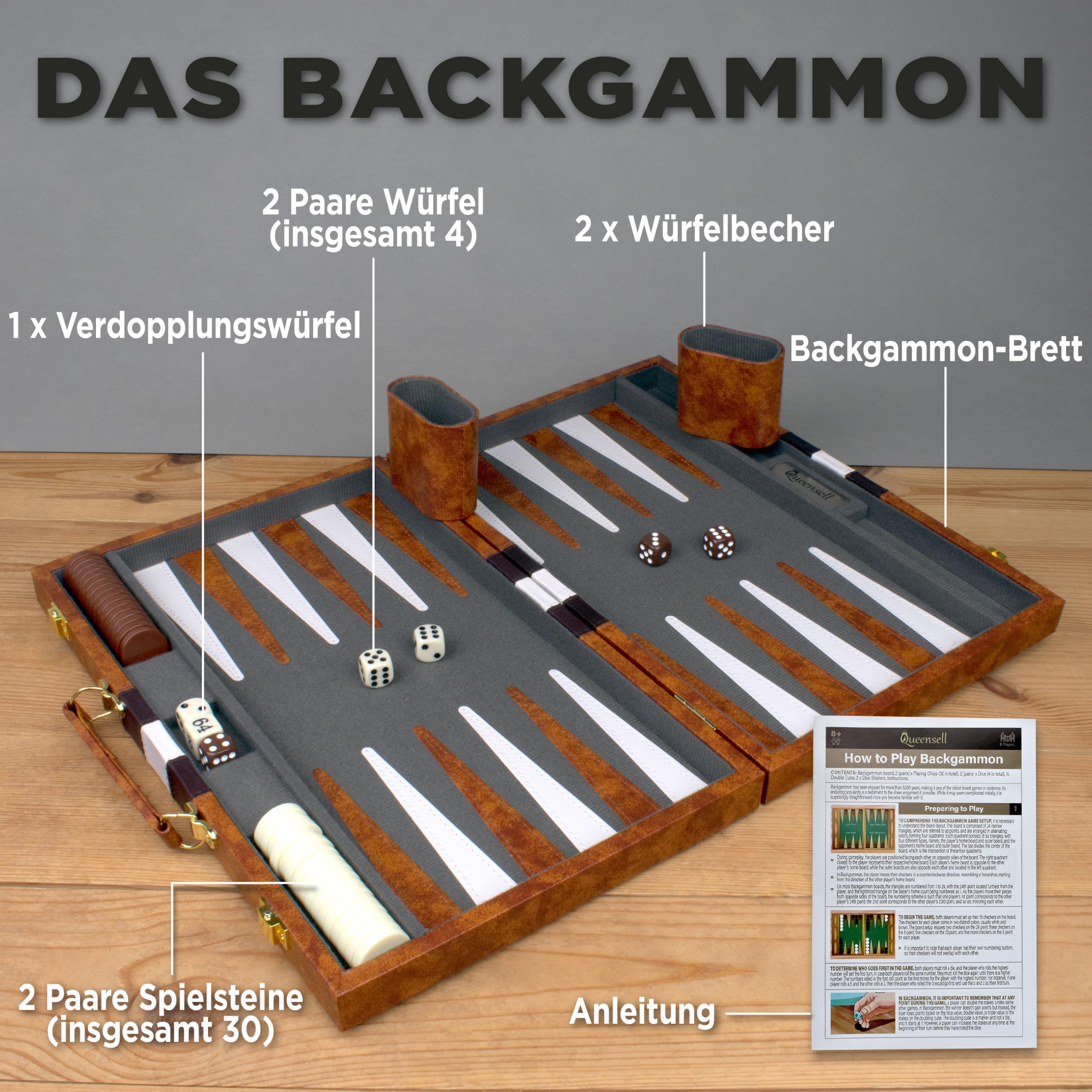 Große Backgammon-Sets für Erwachsene – Klassische Brettspiele für 2 Spieler, Erwachsene und Kinder – Premium Backgammon-Set mit 38 cm Spielbrett in hochwertigem PU-Leder-Etui