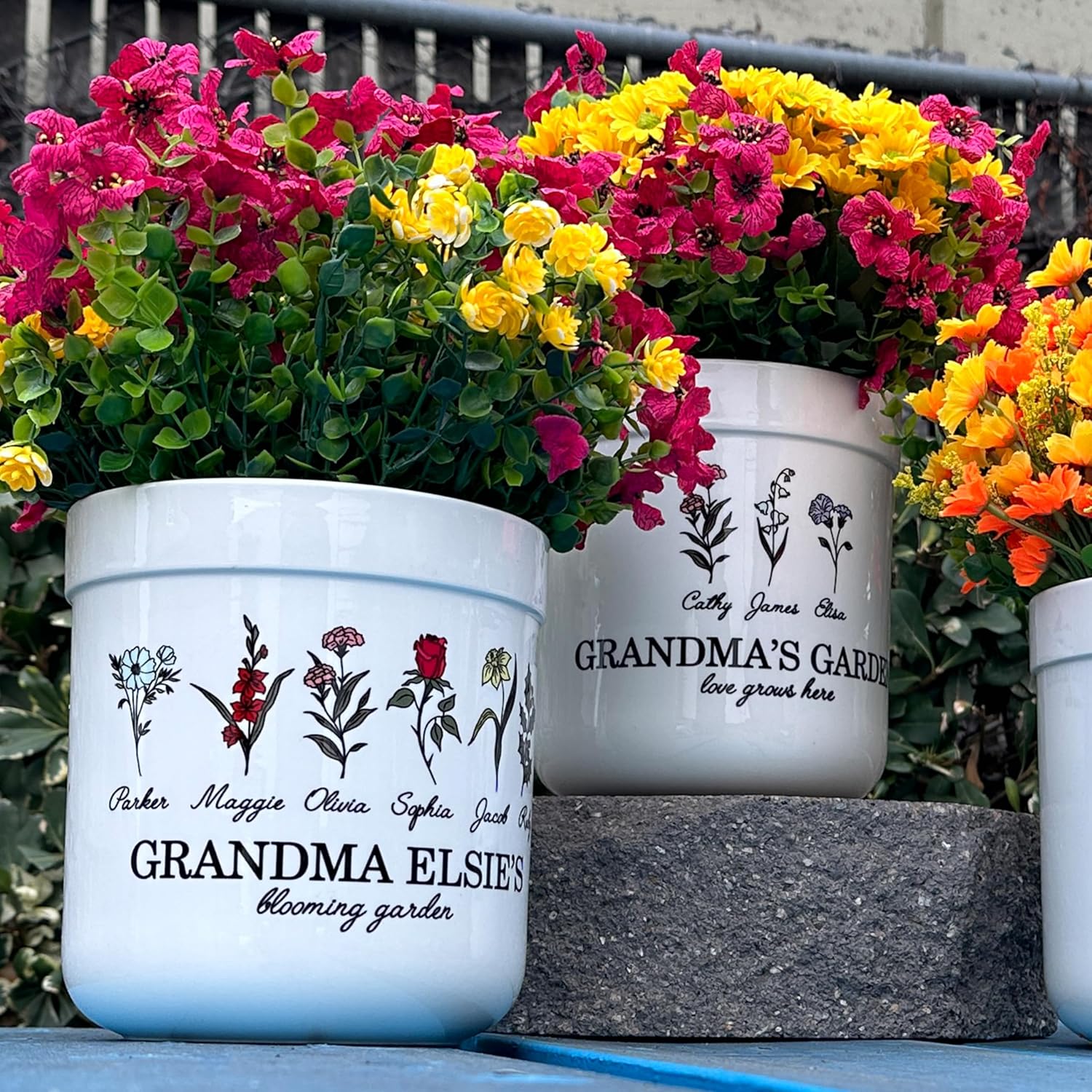 UNITED CRAFT SUPPLIES Grandma's Garden Plant Pot, 2 Flowers, Personalized, Porcelain, 7.25 x 6.5 x 6.5 inches, Indoor, 1 Plant Pot