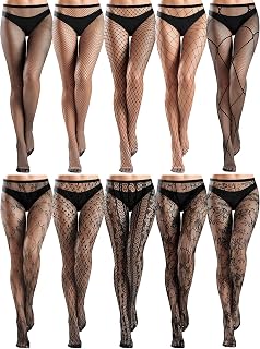 Ramede 10 Pairs Fishnet Tights Women Lace Mesh Stockings High Waist Thigh High Patterned Fish Net Tights