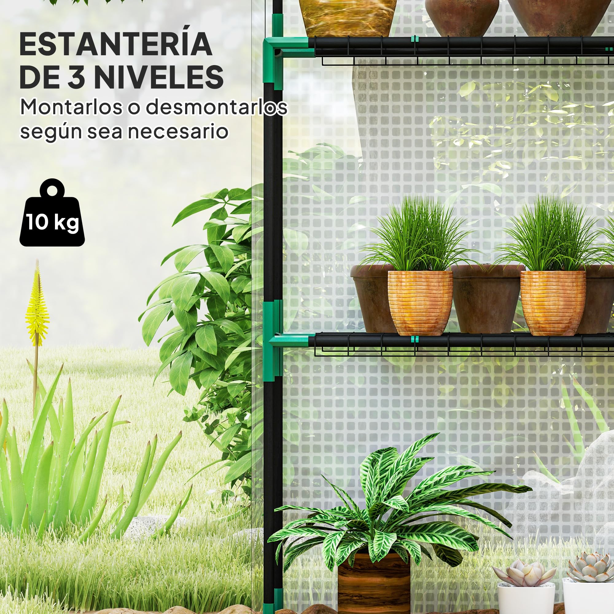 Outsunny Invernadero de Exterior Invernadero Pequeño de 3 Niveles con 6 Estantes Puerta Enrollable Cubierta de PE y Marco de Acero para Cultivos Plantas Flores 143x74x190 cm Blanco