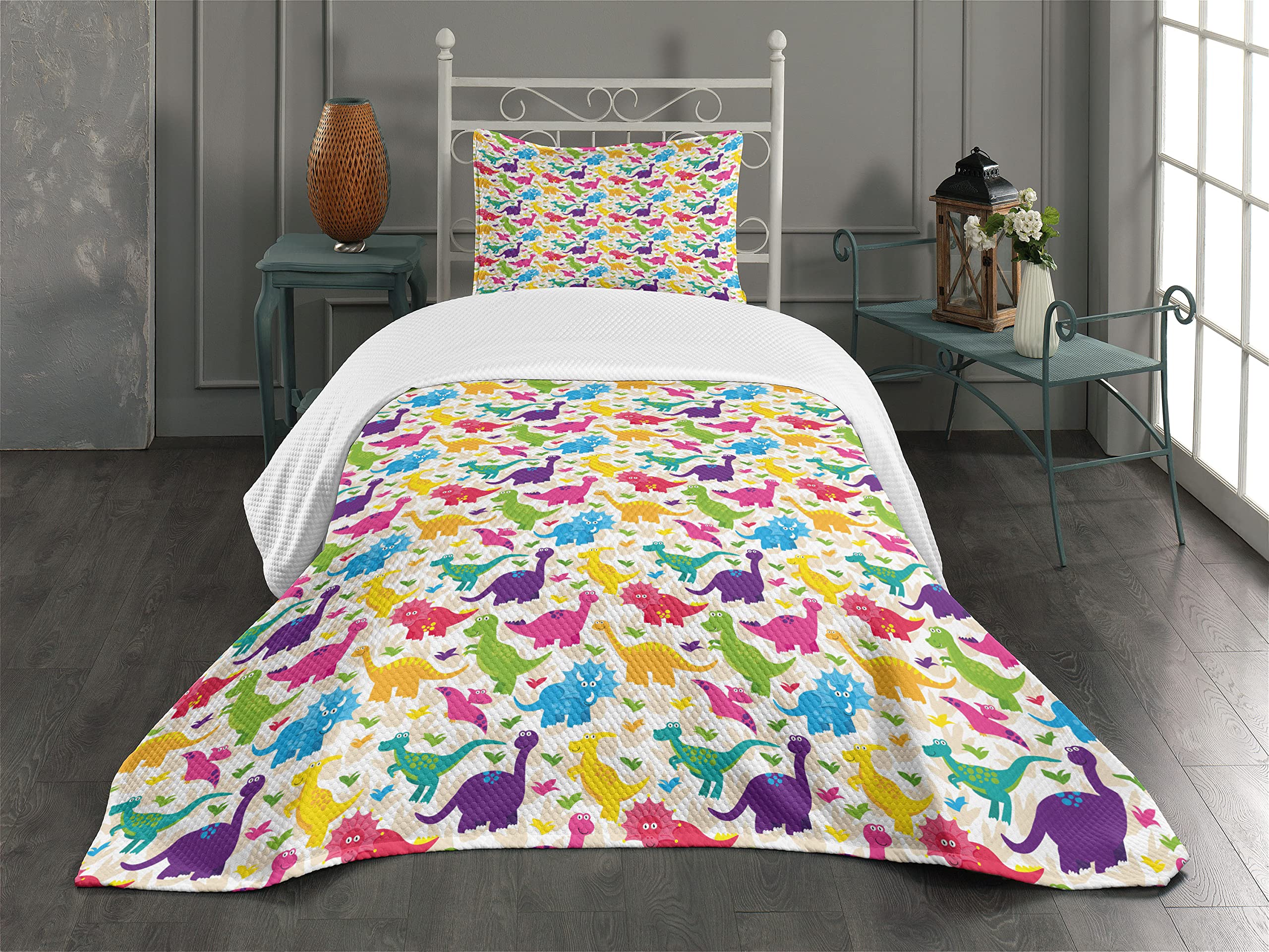 Ambesonne Dinosaur Bedspread Set, Delicate Cartoon Style Illustrated Jurassic Animals Pattern Prehistoric Art, 3 Piece Decorative Bedding Coverlet and 2 Pillow Shams, Twin Size, Purple Pink Multicolor