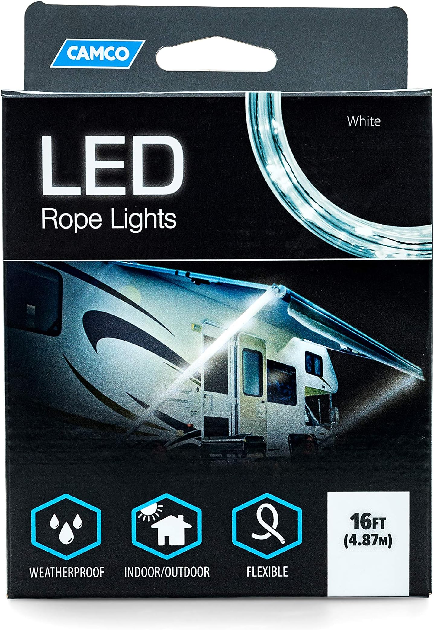 Camco LED 16' Rope Light - RV and Camper Interior and Exterior Lighting for Special Occasions and Outdoor Events, Fits Into Your RV Awning Track (53100), White