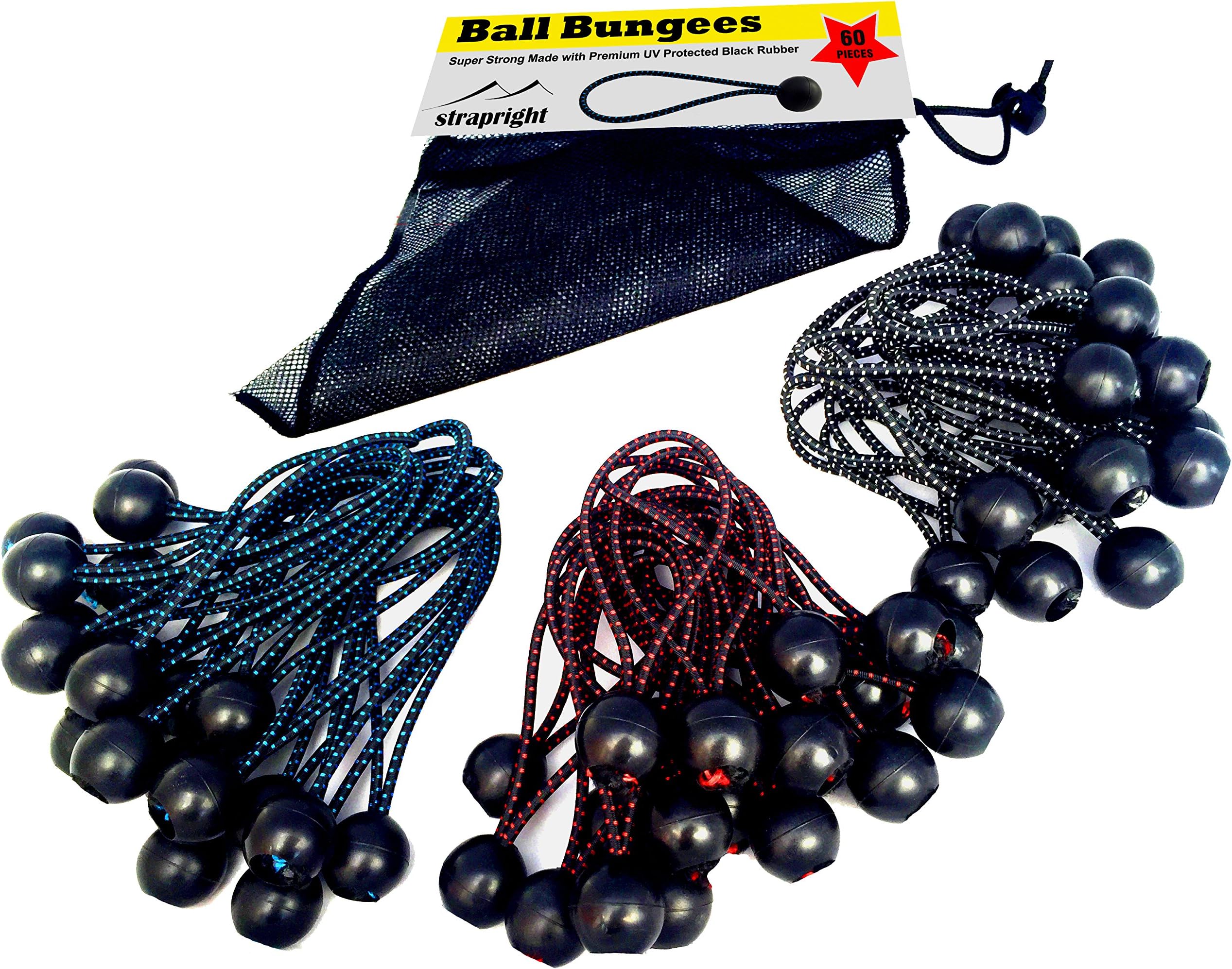 Strapright- Bungee Cords with Balls- 60 Pack, 3 Sizes | 5.5", 4.7" & 3.5" Ball Bungee Cords, Black UV Treated Stretch Tie Loops with Plastic Toggle | Tie Down Tarps, Tent, Canopy & Shelters | Bag incl