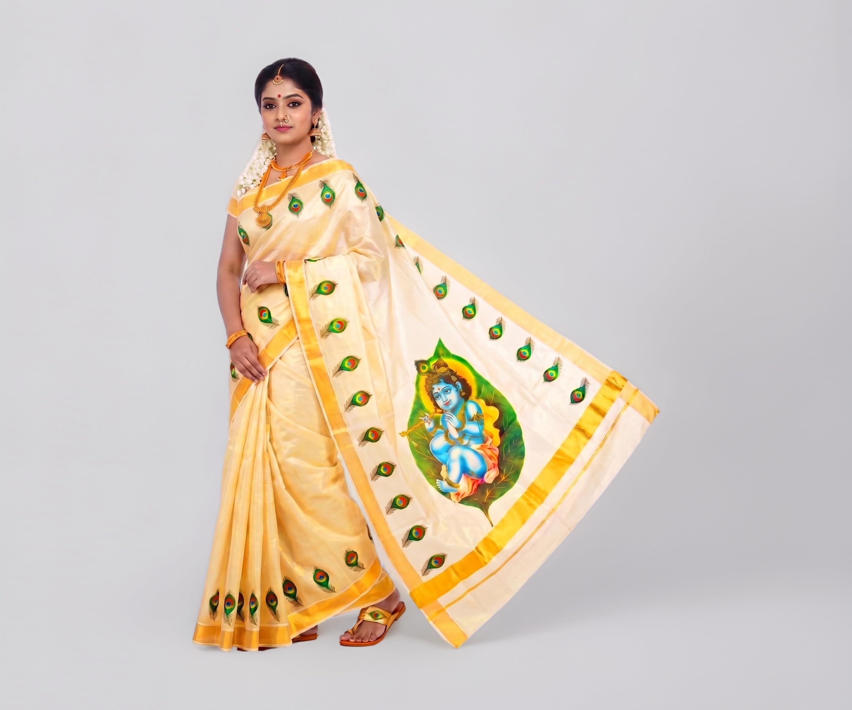 Women's Mural Printed Kerala Gold Tissue Saree with Running Blouse Piece | Traditional South Indian Ethnic Saree for Festivals, Weddings & Special Occasions
