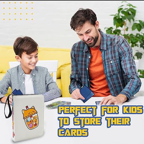 Miniatura 7 de CLOVERCAT Carpeta de 4 bolsillos para tarjetas coleccionables (4 bolsillos, 400 tarjetas, sorbo de dibujos animados, blanco)
