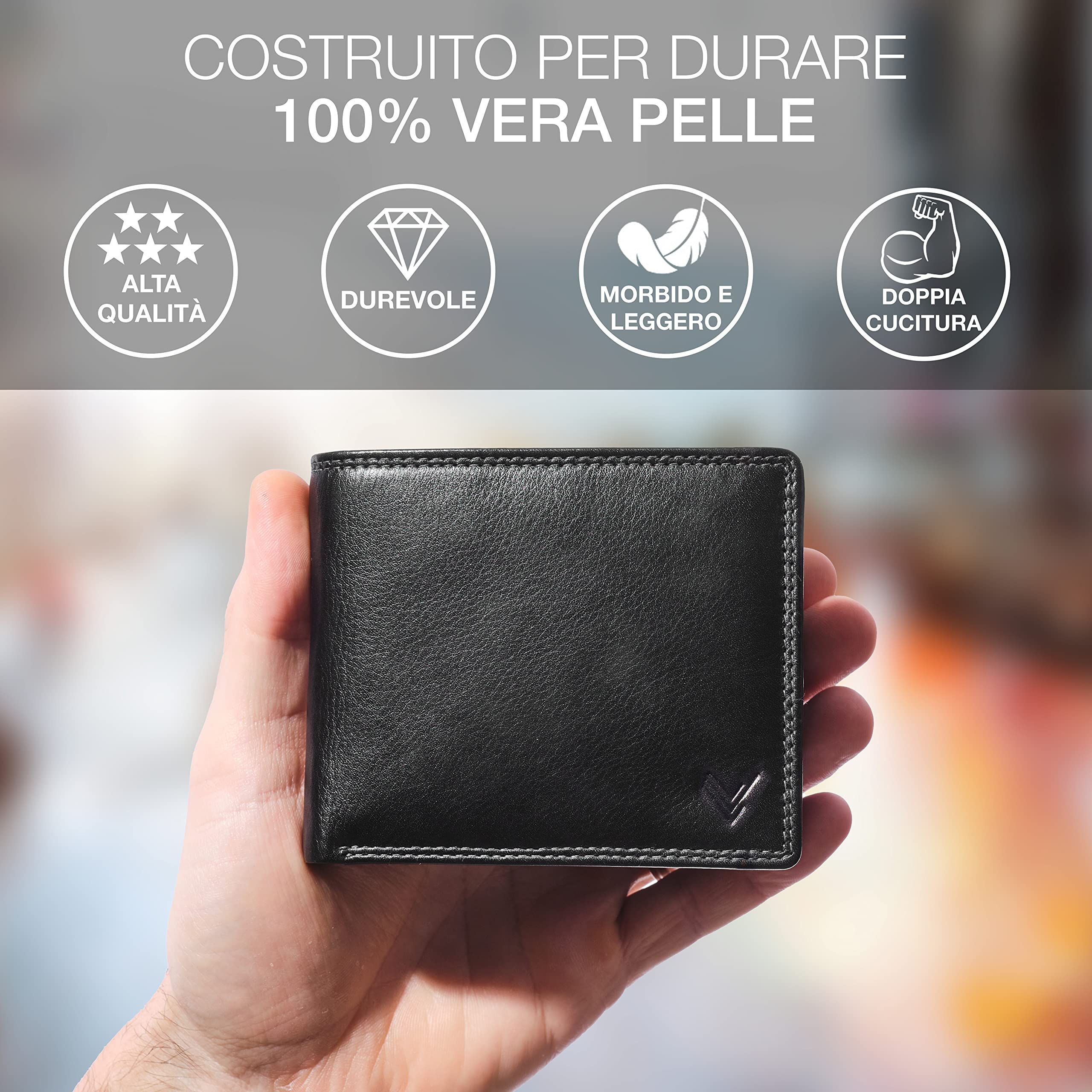 Portafoglio Slim in Pelle Vera con Blocco RFID - Porta Tessere Uomo con Portamonete - Idee Regalo