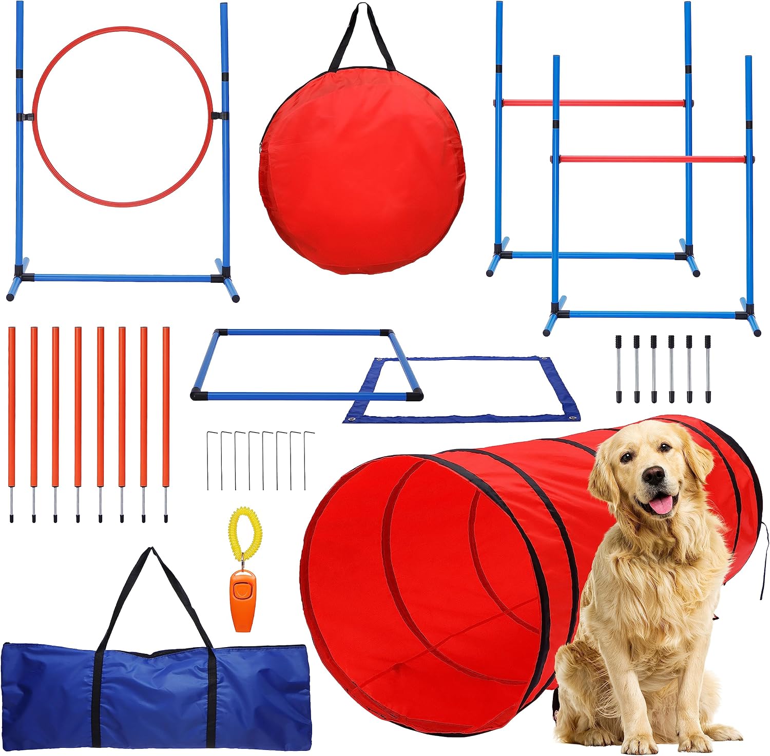 15 Piece Dog Agility Course Backyard Set- Dog Agility Training Equipment Set Includes: Dog Agility Tunnel, 3 Dog Agility Jumps, 8 Dog…