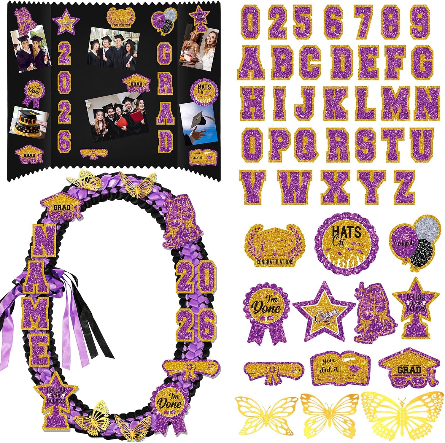 AmazingSpark 98 Pcs 2026 Graduation Ribbon Lei Necklace Decor Cutouts with a to Z Letter 0 to 9 Number 3D Butterfly for Grad Honor Necklace Stole Cap Cloth Board& Leis Not Include