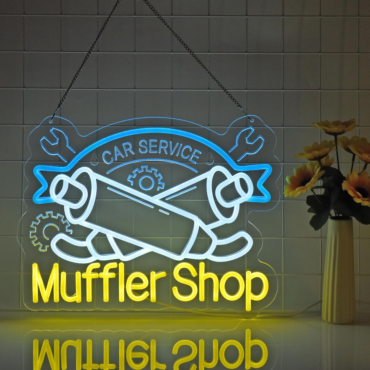 Muffler Shop Neon Sign, Neon Lights Hanging Wall Art Decoration for Car Shop Truck Garage Gas Station Facility Detailing Service Home, USB Powered, Ultra Bright & Dimmable,15.7×12.6Inches