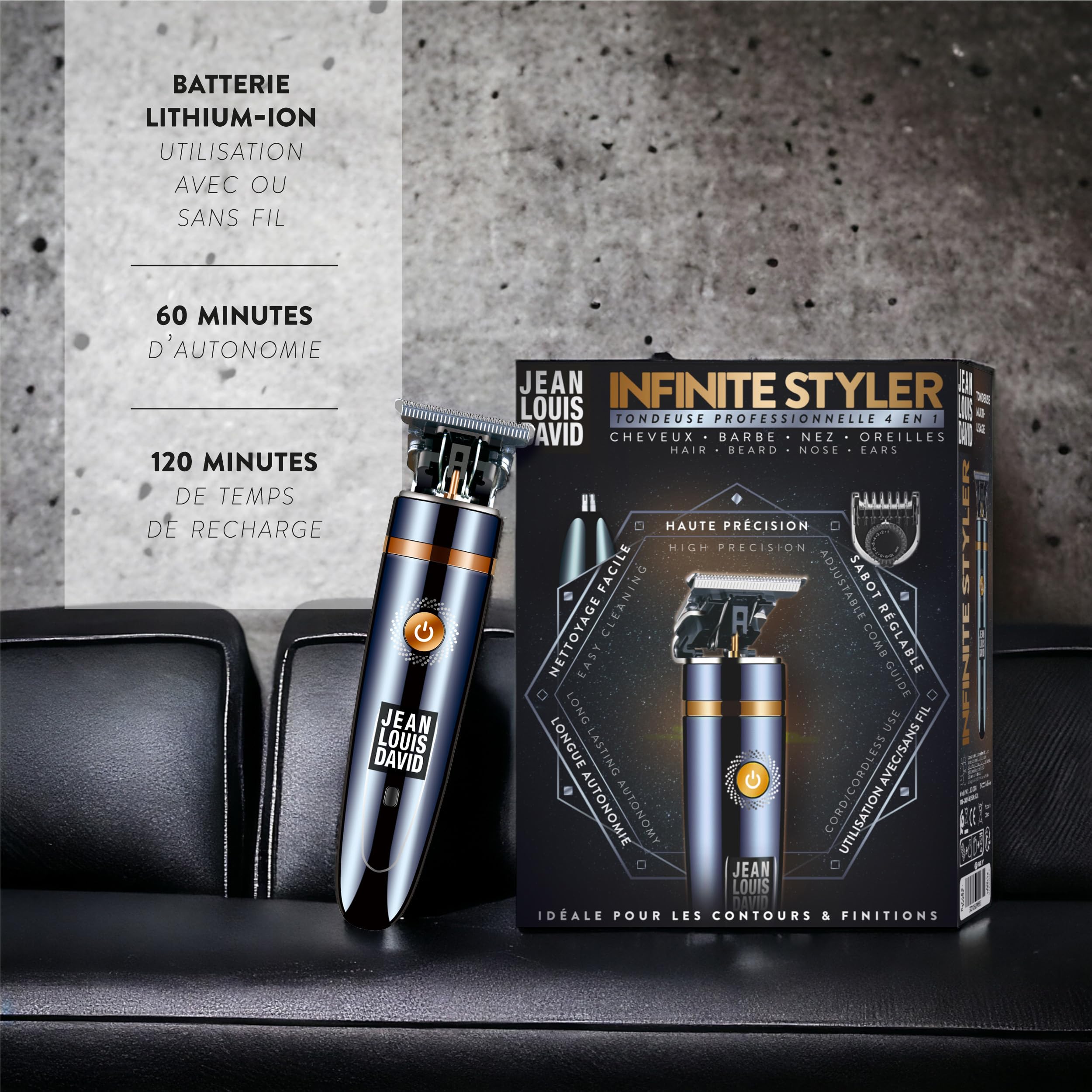 Jean Louis David - Cortapelos Infinite Styler 4 en 1 - Cuchillas anchas 37 mm - Para cabeza, nariz y orejas - Peine ajustable 10 alturas - Precisión en barba, bigote y cabello - Uso inalámbrico