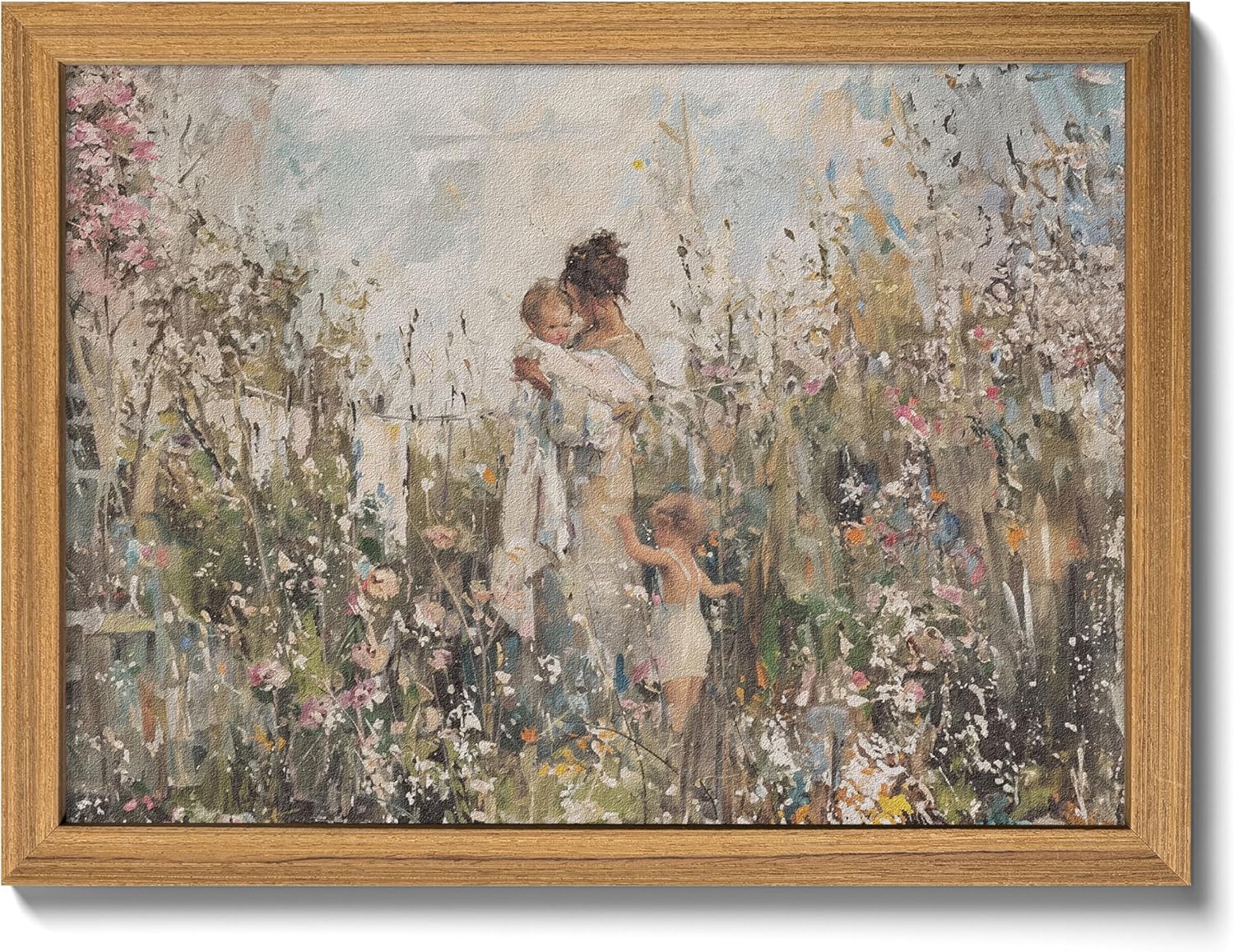 3D Textured Vintage Cottagecore Wall Art, Mom Holding Baby In Wildflowers Wall Decor Painting, Impressionist Sandstone Artwork Picture for Mother’s Day Gift Nursery Bedroom 16x24 Inch Framed