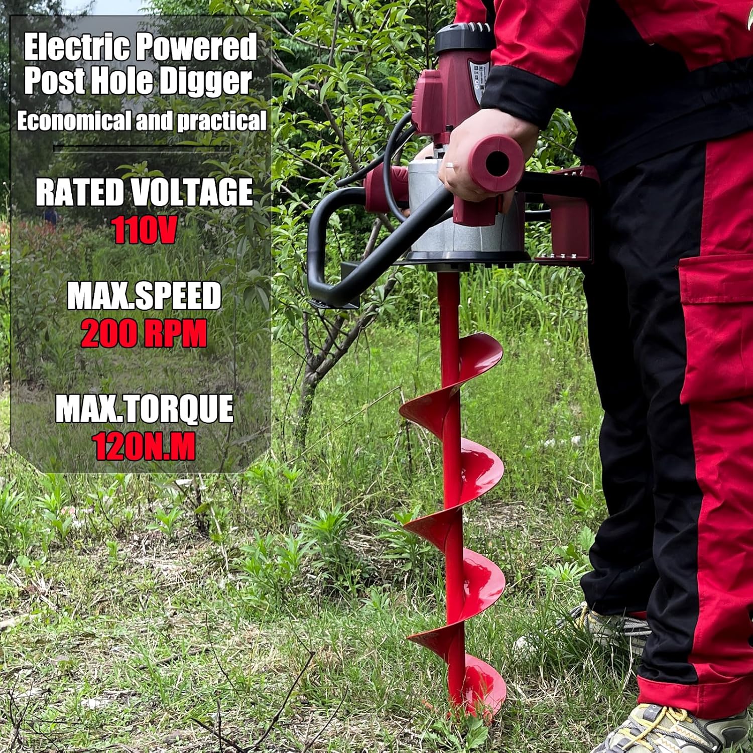 1500W Electric Post-Hole Digger with 6-Inch Auger Bit, Earth Auger Drill, Auger Bit Earth Auger, Ideal for Post Hole Digging, Drilling, Tree Planting, Red
