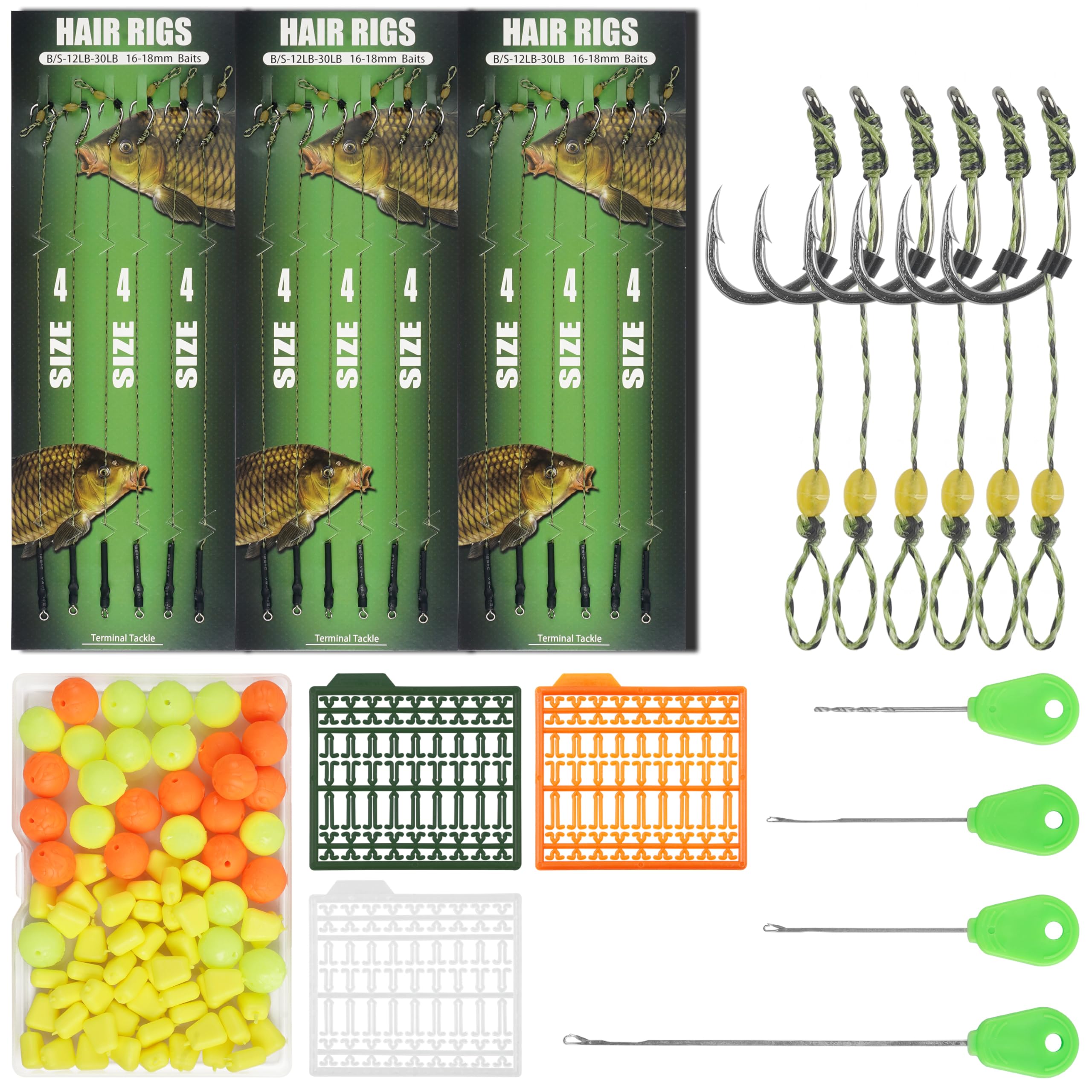 Carp Fishing Hair Rigs Kit, Curved Barbed Hook Swivel Braided Thread Line with Boilie Bait Stopper Stringer Needle Tool Accessories