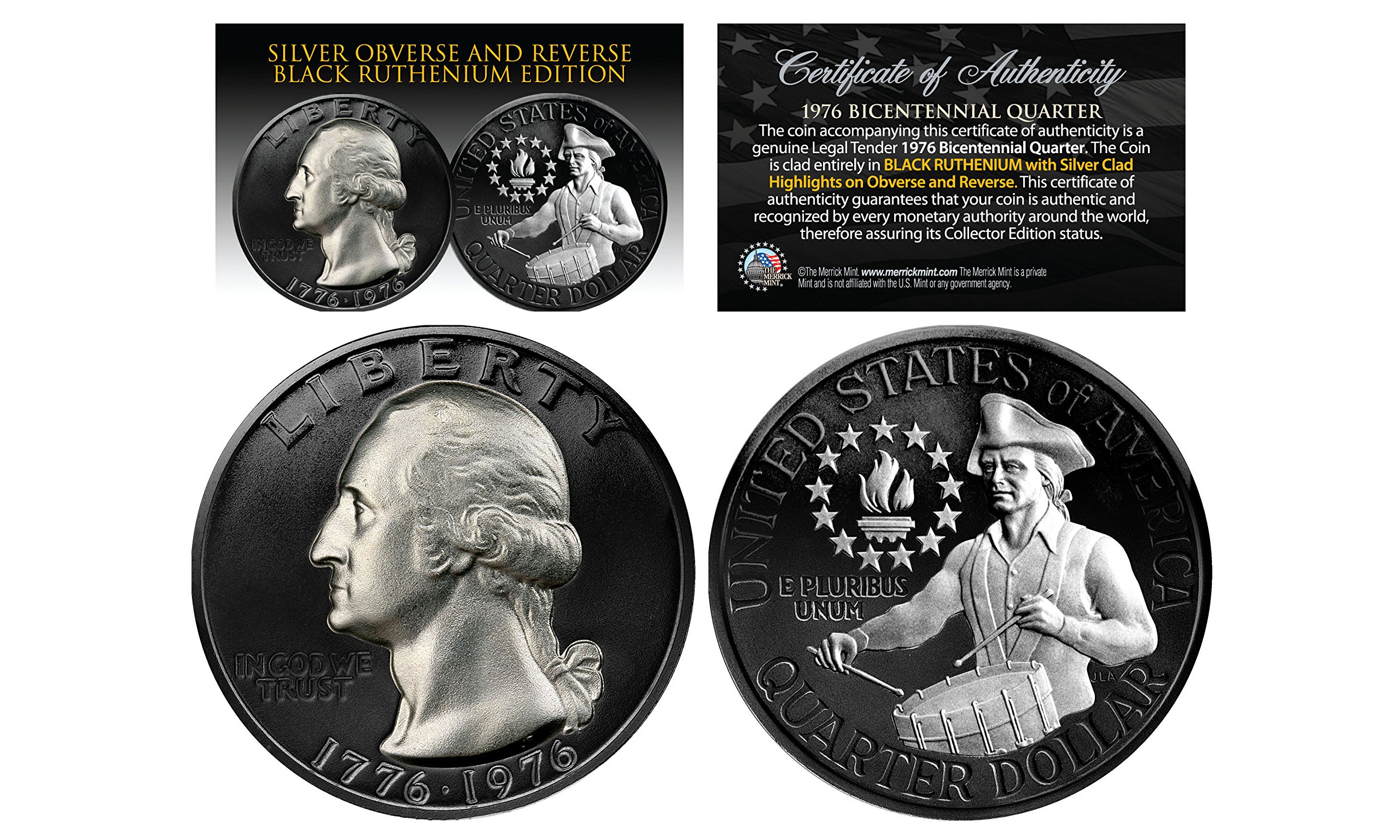 Black Ruthenium 2-Sided 1976 Bicentennial Quarter w/Genuine.999 Silver Features