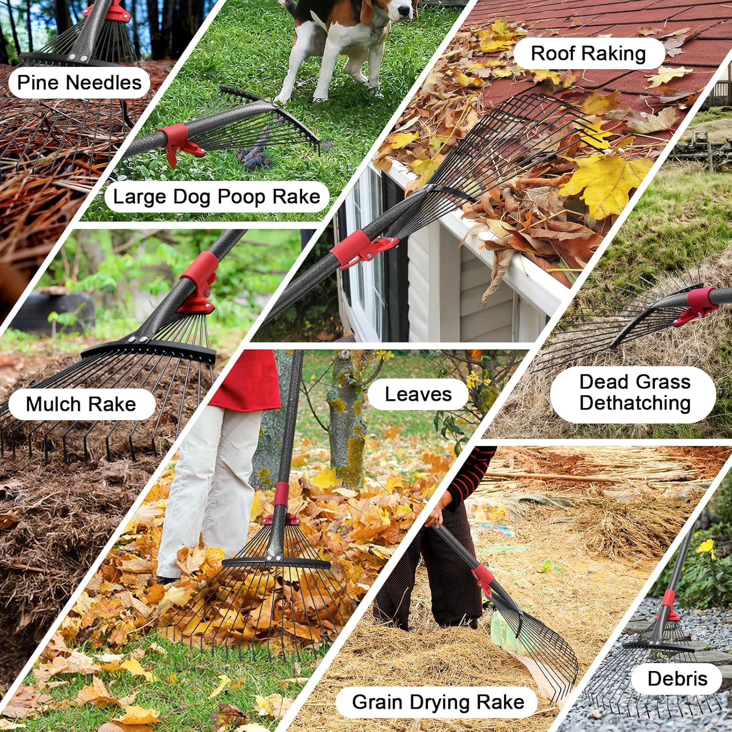 Collapsible Rake for Leaves - 70" Adjustable Long Handle Yard Rake, Expandable Metal Steel Head (8”-17”), Garden Leaf Rakes for Gardening Beds, Lawn,Narrow Shrub,Pine Needle,Outdoor Camping