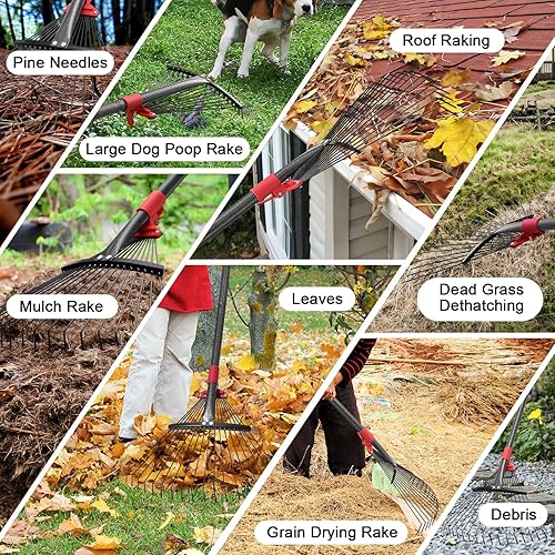 Miniatura 7 de Rastrillo de hojas de jardín ajustable para hojas, rastrillo de metal de mango largo de 70 pulgadas con cabeza de acero expandible (8 a 17