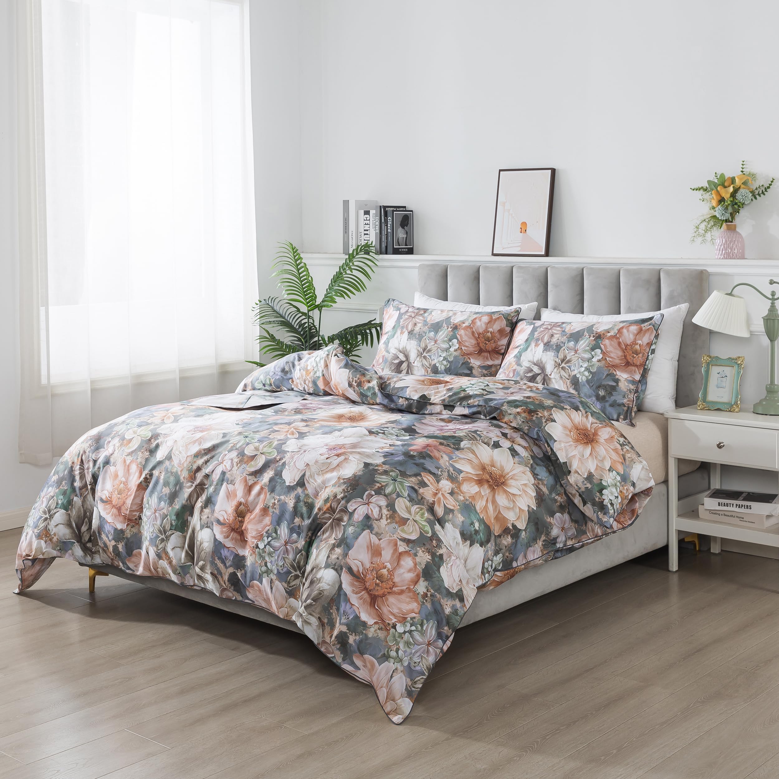 Softta Vintage Luxury Colorful Floral Bedding Set Queen Size 3Pcs Duvet Cover Set Boho Farmhouse Bright Exquisite Flower 100% Tencel Cotton Fabric 1 Duvet Cover + 2 Pillowcases/Shams