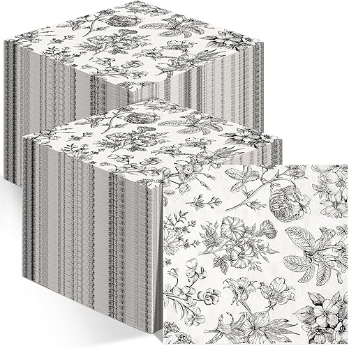 Tatuo Servilletas de papel florales de baño, servilletas desechables decorativas de flores blancas y negras para primavera, cumpleaños, boda,