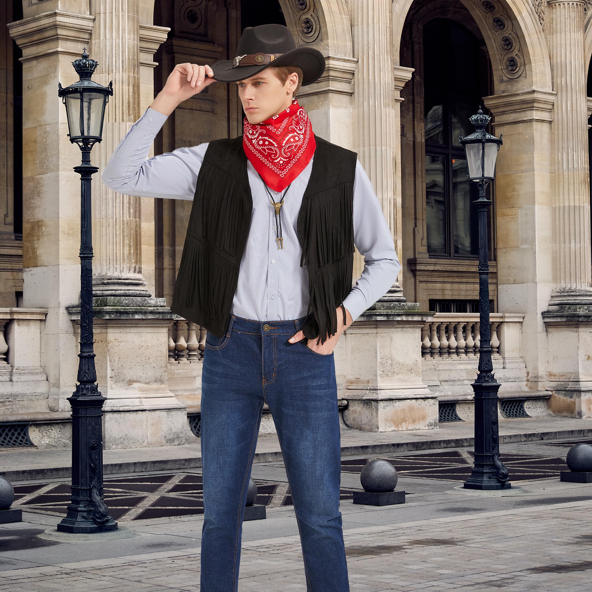 Déguisement Cowboy Cosplay Western Cowboy pour Hommes Gilet à Franges Chapeau Bandana Collier pour Carnaval Costume Hippie pour Adultes