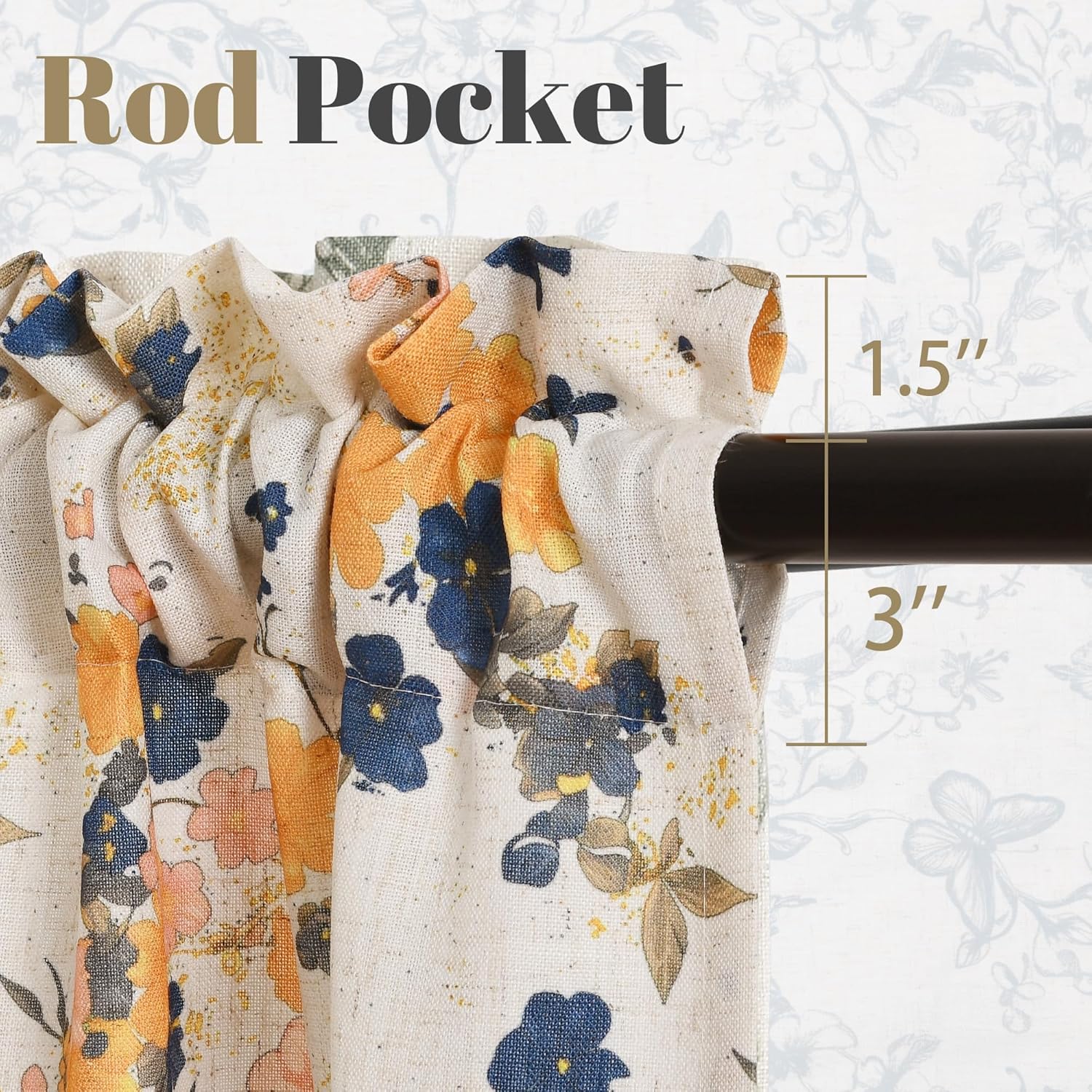 DWCN Floral Linen Curtains for Living Room, Short Curtains for Small Window, 24 Inch Length Pod Pocket Drapes for Kitchen, Cafe, Basement - 26 by 24 Inch, Yellow on Beige, 1 Pair