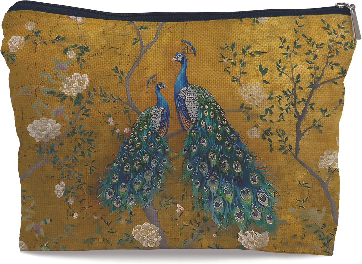 Vintage Golden Chinoiserie Peacock Makeup Cosmetic Bag, Peacock Gifts for Women, Elegant Oriental Cottagecore Floral Bird Portable Small Toiletry Bags Zipper Makeup Pouch