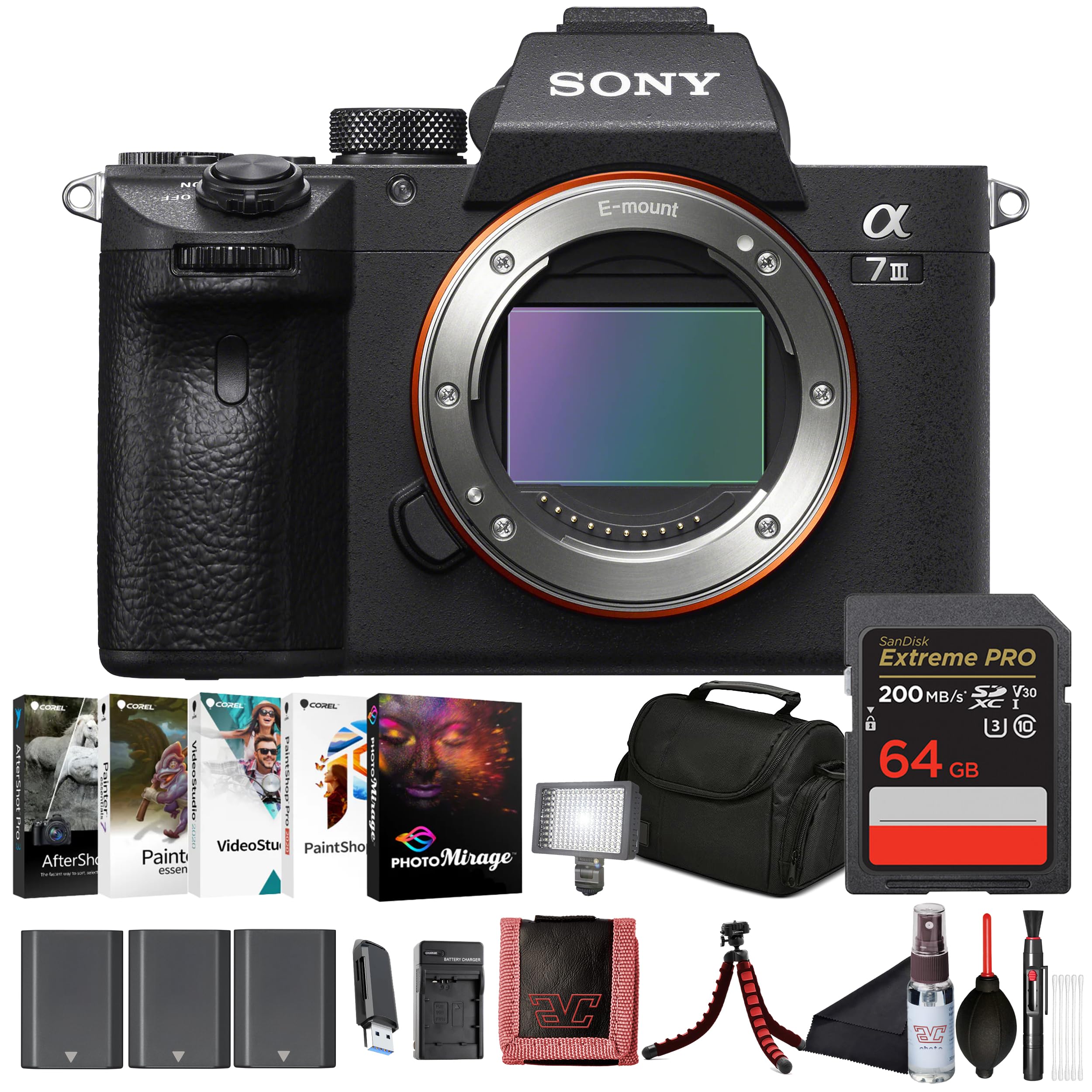 Sony α7 III Full-Frame Mirrorless Camera Body (ILCE-7M3/B) – 24.2 MP BSI Sensor, 4K HDR Video | 64GB Memory Card, 2 x NP-FZ-100 Battery, Photo