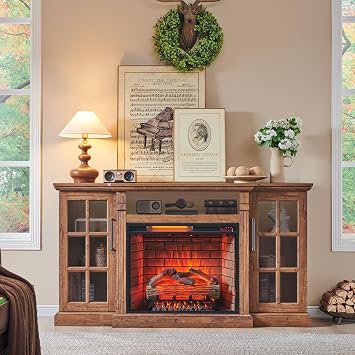 65" Farmhouse Fireplace TV Stand w/28 Inch Electric Fireplace, LED Lights & Crackling Sound, Entertainment Center for TVs Up to 75", Storage Cabinets, Adjustable Shelves, Reclaimed Barnwood