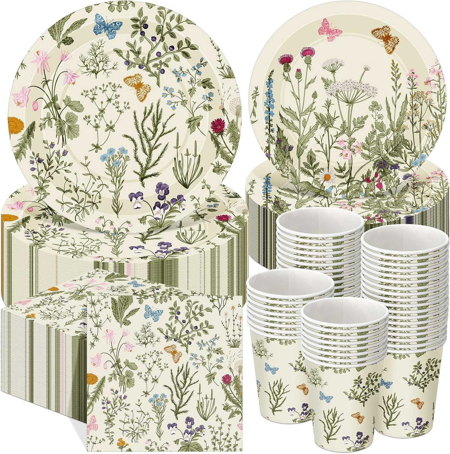 250 Pcs Floral Disposable Tableware Set Spring Floral Paper Cups Plates and Napkins Wildflower Baby Shower Decorations for 50 Guest(Light Green,Vintage Style) Light Green Vintage Style
