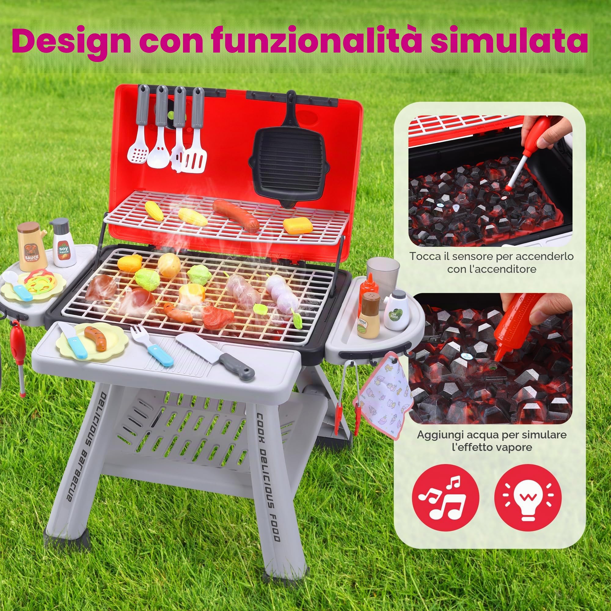 CUTE STONE barbecue giocattolo in pietra per bambini, set da cucina, set da gioco realistico per barbecue con fumo e accessori da cucina