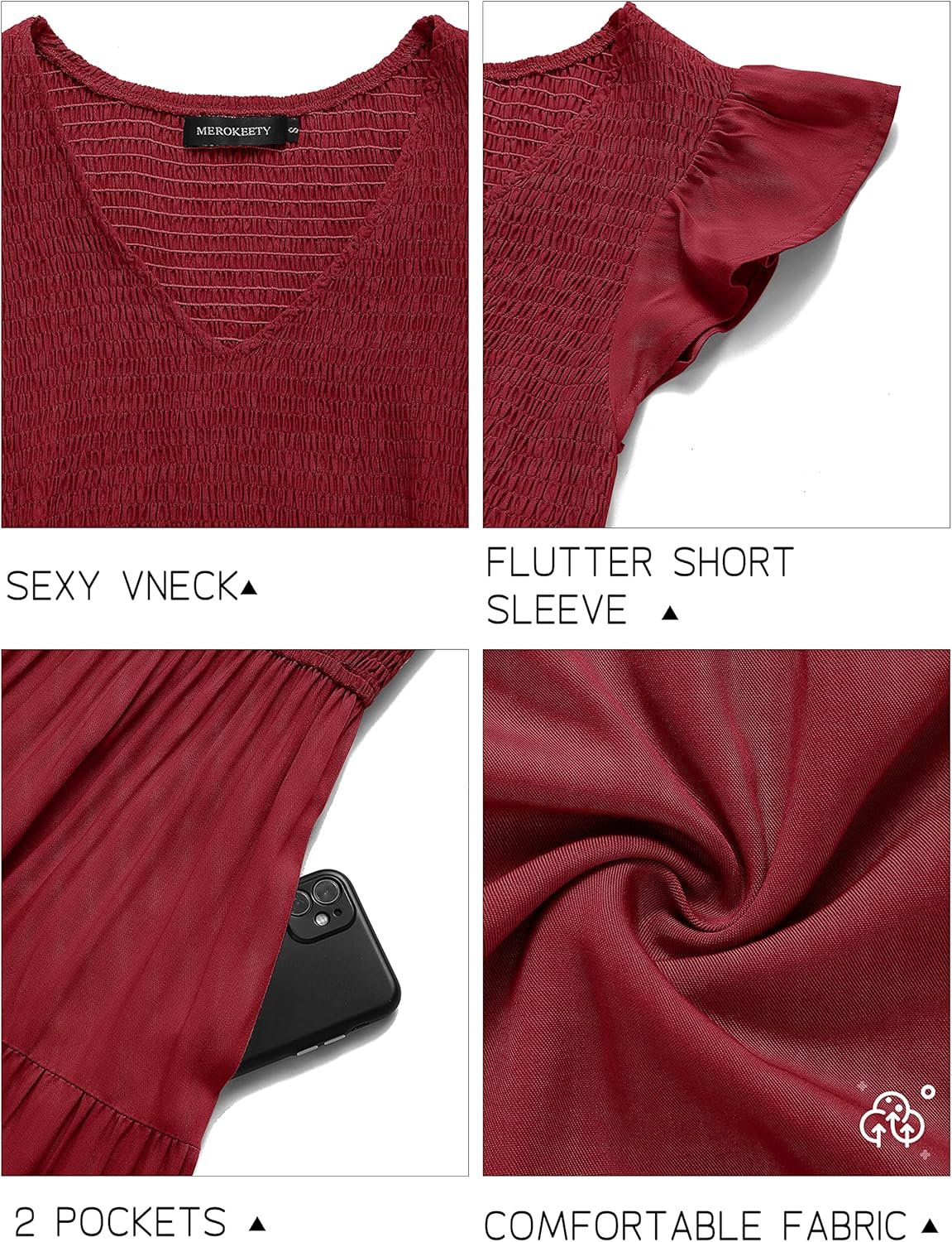 MEROKEETY Women's Summer 2026 Casual Midi Dress Flutter Sleeve V Neck Smocked Tiered Beach Vacation Dresses - Image 5