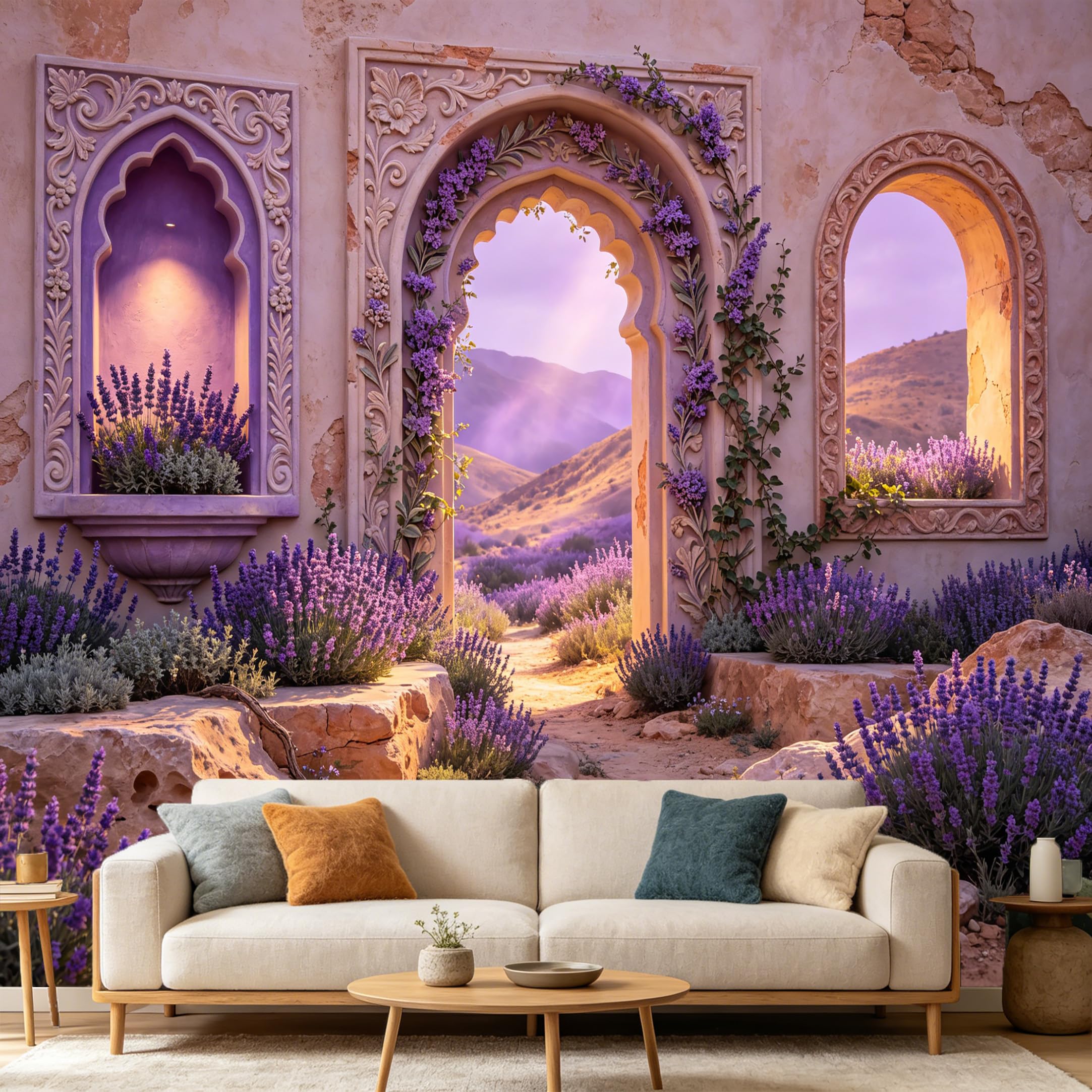 Custom Size Wall Mural， Provence Lavender Fields Archway Landscape， SelfAdhesive Art Prints wall Fabric Removable Large Wallpaper Home Living Room Decor， Wall Hanging Mural