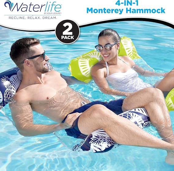 Waterlife 4-in-1 Pool Hammock 4-Pack, Inflatable Pool Chair Float, Water (Saddle, Lounge Chair, Drifter)