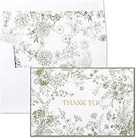 Crisky 50-Pack Green Floral Gold Foil Thank You Cards with Envelopes - Elegant for Weddings, Baby Showers, Birthdays