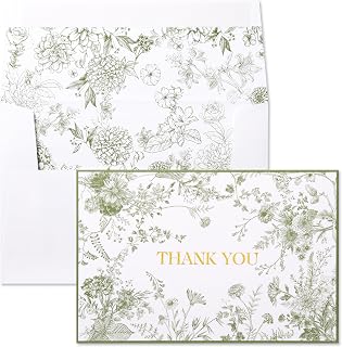 Crisky 50-Pack Green Floral Gold Foil Thank You Cards with Envelopes - Elegant for Weddings, Baby Showers, Birthdays