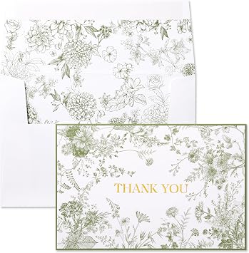 Crisky Green Floral Thank you cards Gold Foil Greeting Notes Bulk with Envelopes25 Pack for Birthday, Baby Shower, Bridal Shower, Wedding, Graduation