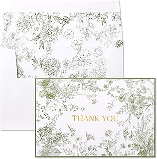 Crisky Green Floral Thank you cards Gold Foil Greeting Notes Bulk with Envelopes(25 Pack) for Birthday, Baby Shower, Bridal Shower, Wedding, Graduation