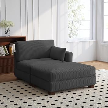 Oversized Chaise Longue Chair with Ottoman, Left Armrest Indoor Recliner Comfy Upholstered Single Lounge Sofa, Corduroy Deep Seat Cloud Couch for Bedroom, Living Room - Charcoal Gray