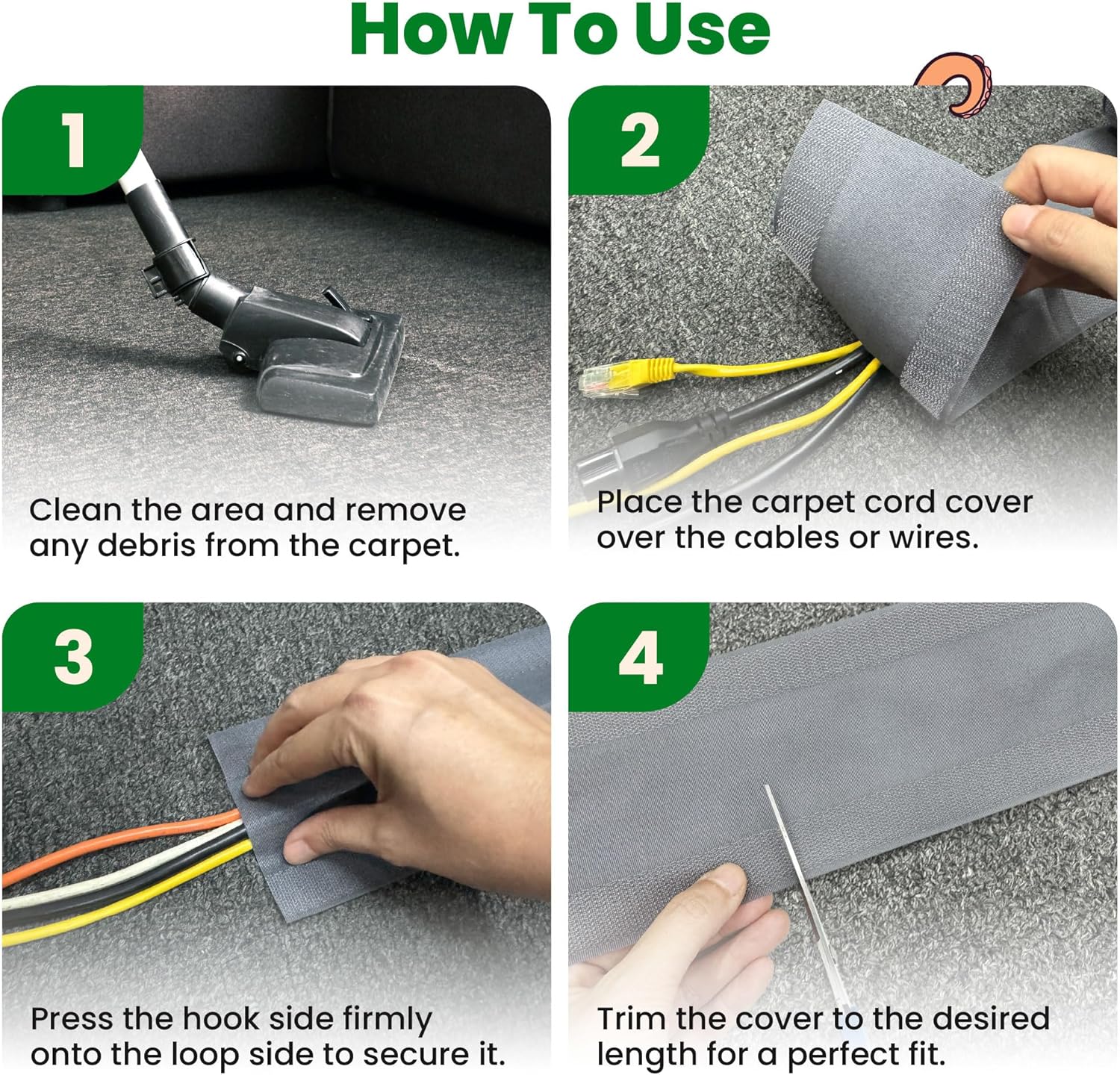 ECOHomes Carpet Cord Cover (Grey, 4 Inch x 30 FT) | Cord Covers for Carpet to Hide Floor Cables and Electric Wires, Low Profile Cord Hider for Extension Cords and Cable Management in Home and Office
