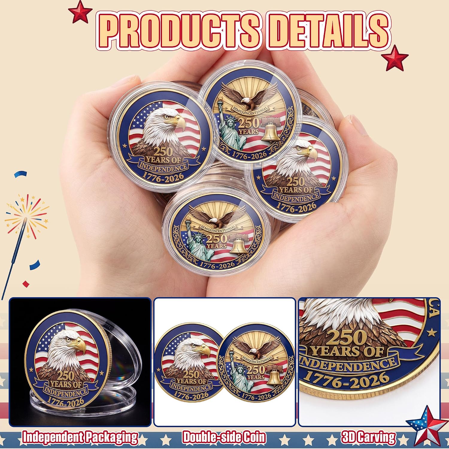 Landhoow 12 Pcs 250th Anniversary Commemorative Coin Set - 1776-2026 United States Military Challenge Coin with 12 Case, 250 Years of Independence Celebration Keepsake Collectible Gifts