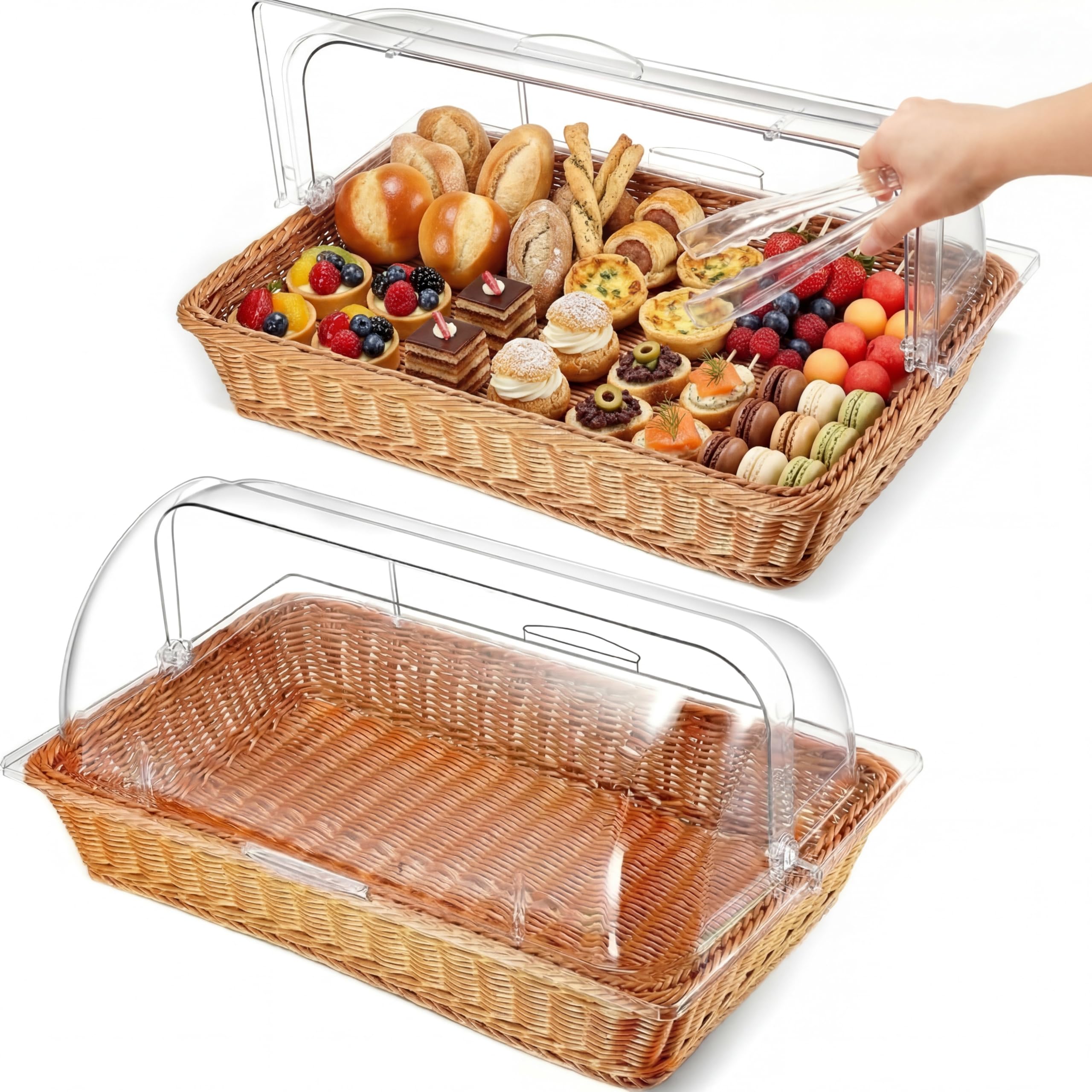 Ziliny 2 zestawy koszy na chleb do serwowania z akrylowymi pokrywkami i kuchennymi szczypcami do serwowania, wiklinowy kosz na chleb, spiżarnię, ekspozycję restauracji (50 x 30 cm)