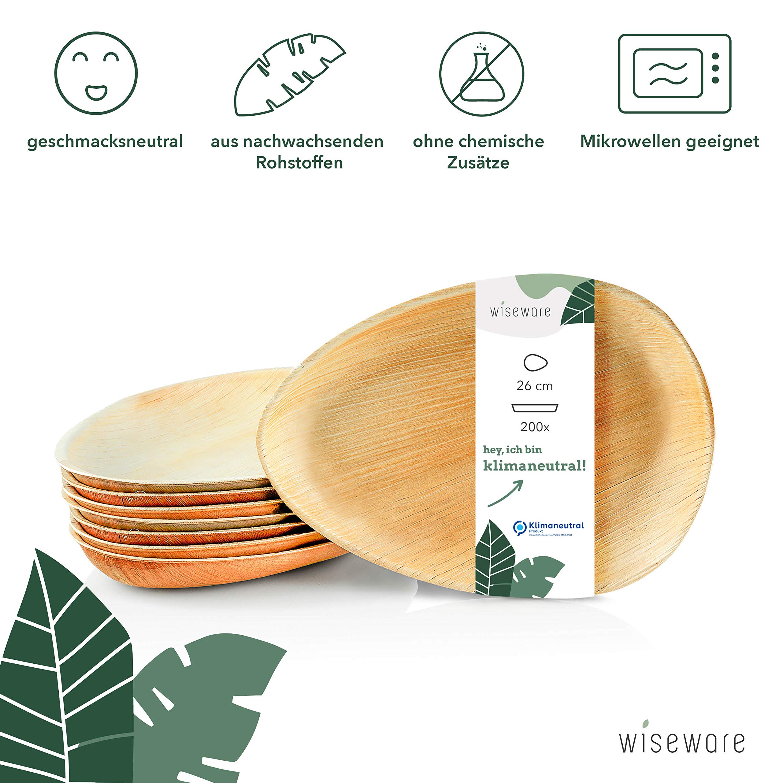 Wiseware Talerze z liści palmowych w kształcie kropli – 200 sztuk jednorazowych talerzy owalnych Ø 26 cm – biodegradowalne naczynia z liści palmowych – naczynia imprezowe z możliwością kompostowania –