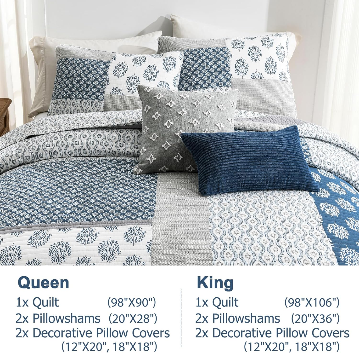 Finlonte Quilts Queen Size, 5 Pieces 100% Cotton Lightweight Queen Quilt, Patchwork Farmhouse Floral Quilted Bedspread, Soft Reversible Quilt Bedding Set, Blue/White
