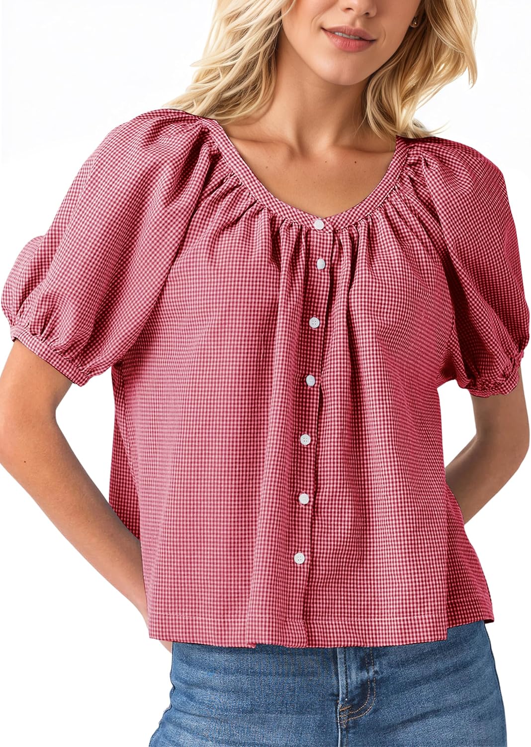 MISSACTIVER Plaid Puff Short Sleeve Shirts Women Button Down Crew Neck Babydoll Tops Summer Flowy Gingham Peplum Blouse