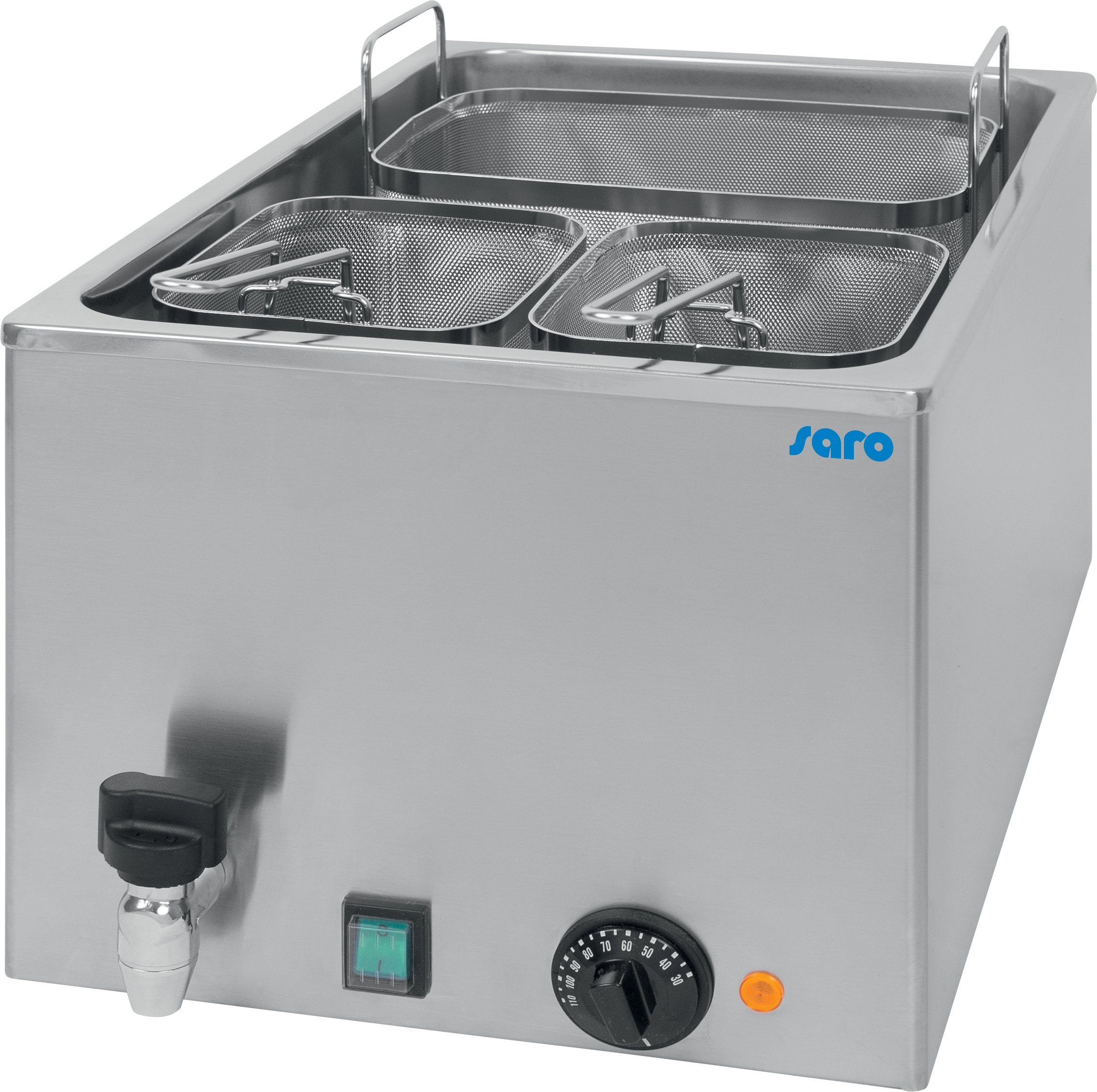 SARO PASTA 25 - Cuocipasta elettronico per la gastronomia, modello da tavolo, da 25 l, con 3 cestelli e rubinetto di scarico, in acciaio inox, temperatura regolabile fino a 110 °C, da 3,2 kW