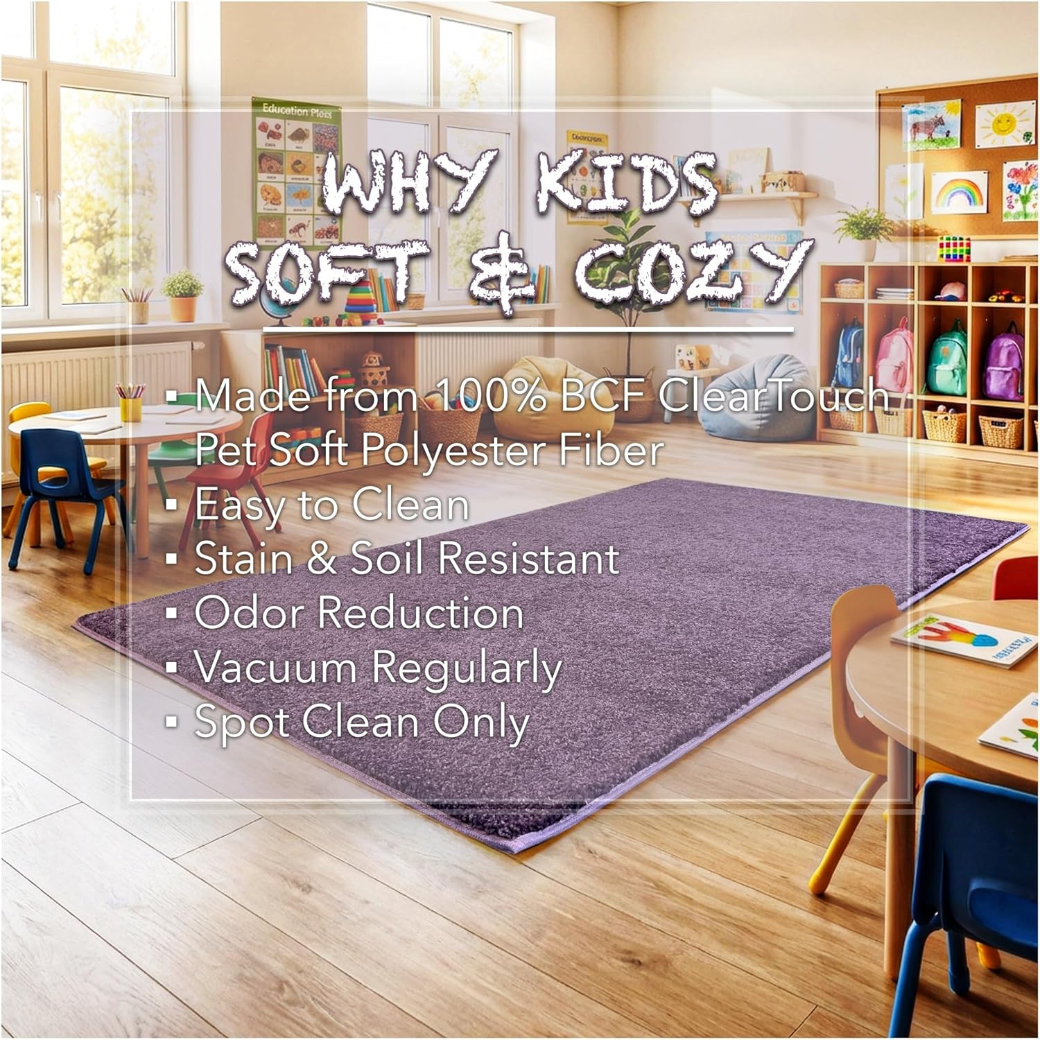 KOECKRITZ Soft & Colorful 7' x 9' Kids Classroom Area Rug – Cozy Playroom Carpet for Nursery, Daycare & Preschool, Flammability Pill Test Passed (Eggplant)